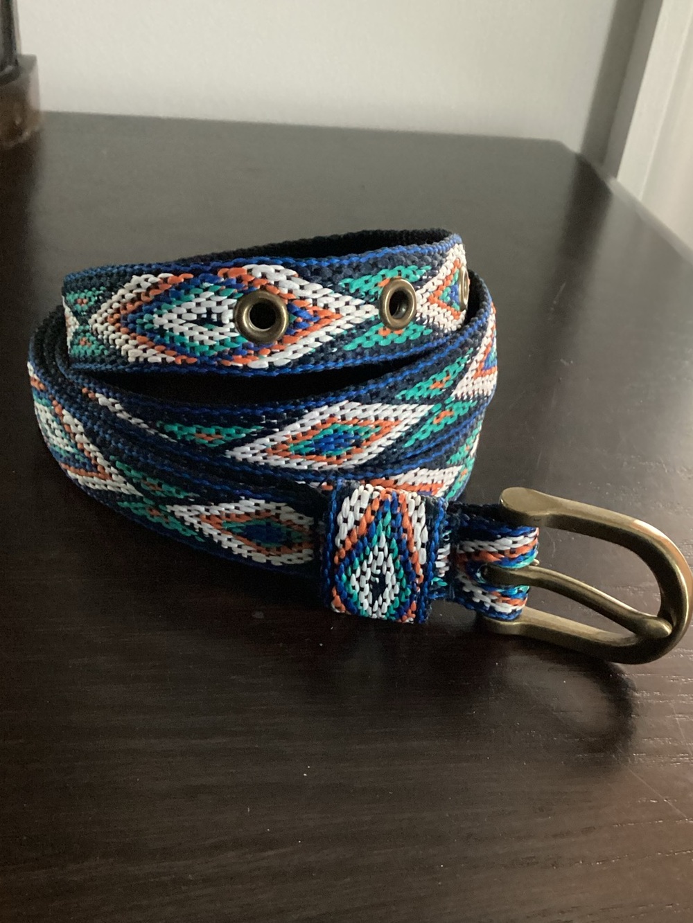 Festive Woven Geometric Pattern Small Brass Belt in Navy, Teal & Orange